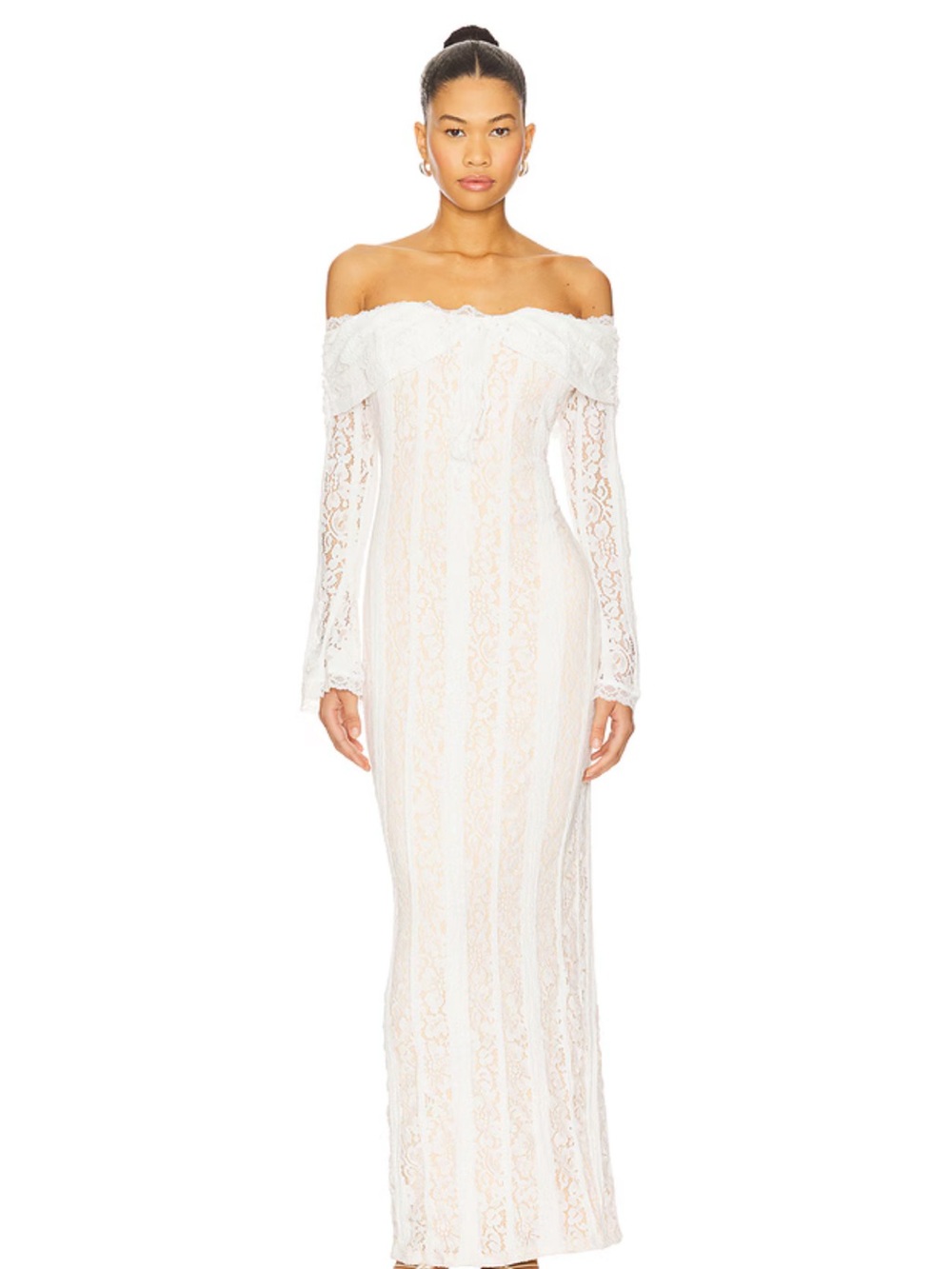 Off-Shoulder White Lace Maxi Dress